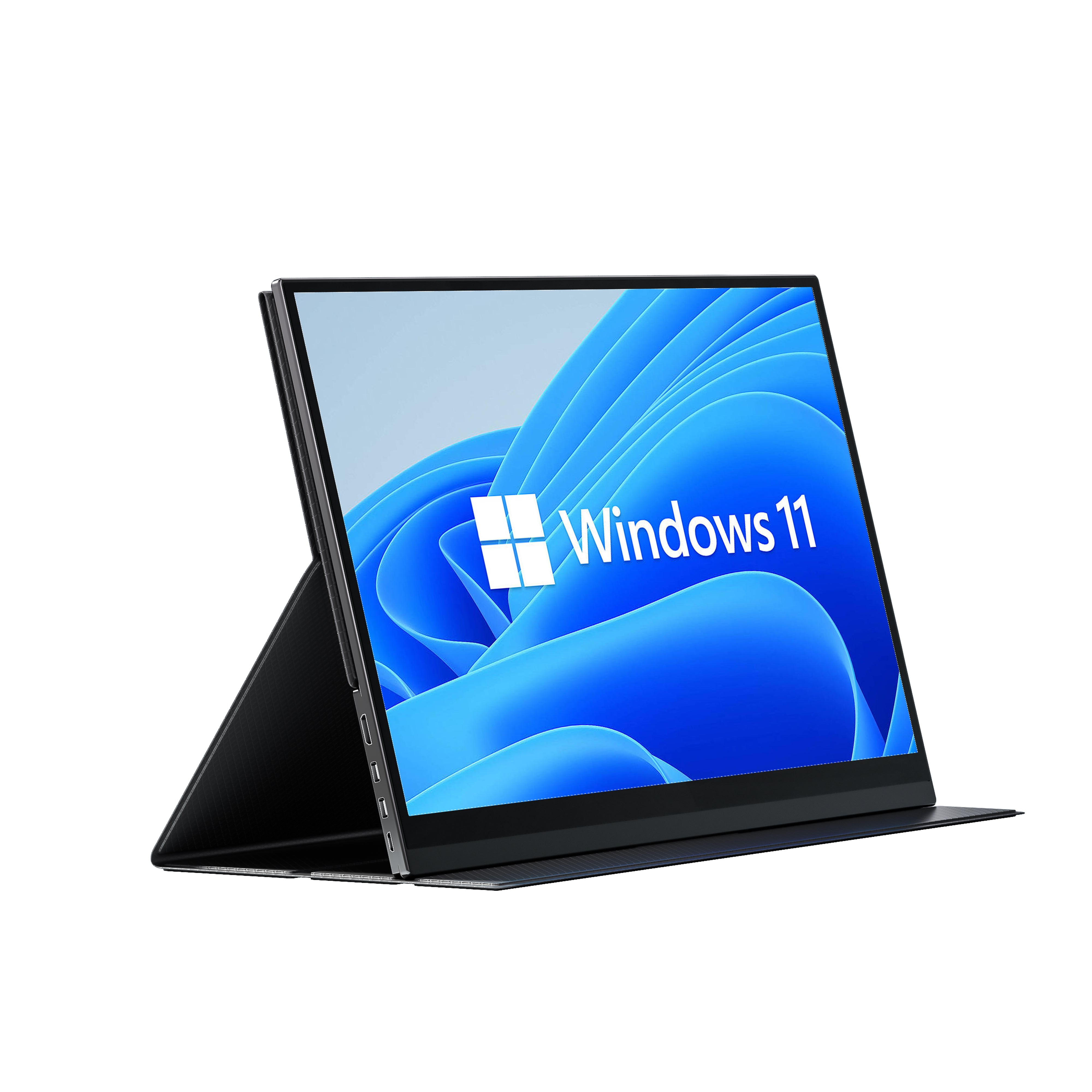 MINISFORUM portable monitor with adjustable foldaway stand displaying Windows 11